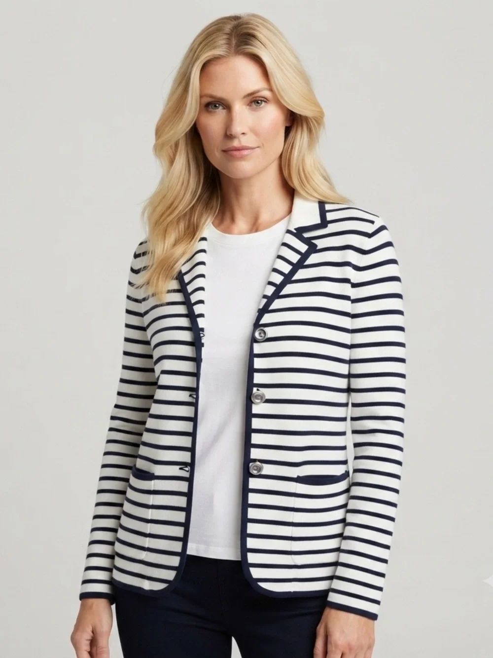 Banana Republic Striped Navy & White Knit Cotton Sweater Women's Size Medium - Picture 2 of 9